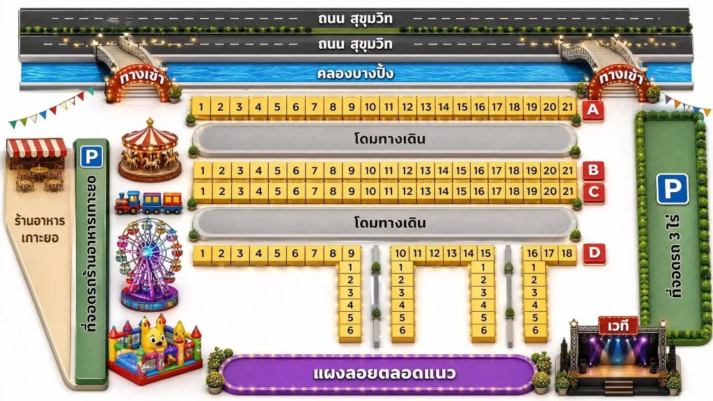 าพแผนผัง EXPO ปากน้ำสมุทรปราการ บริเวณสนามฝั่งตรงข้ามฟาร์มจระเข้ ทำเลทองค้าขาย