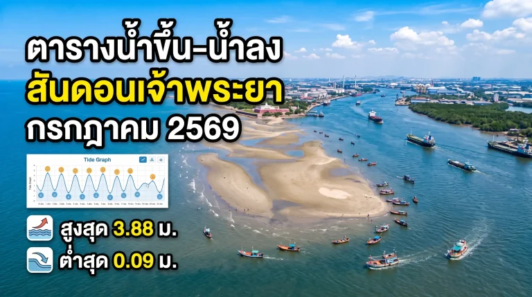 ตารางน้ำขึ้น-น้ำลง สันดอนเจ้าพระยา ก.ค. 2569 (อัปเดตล่าสุด)