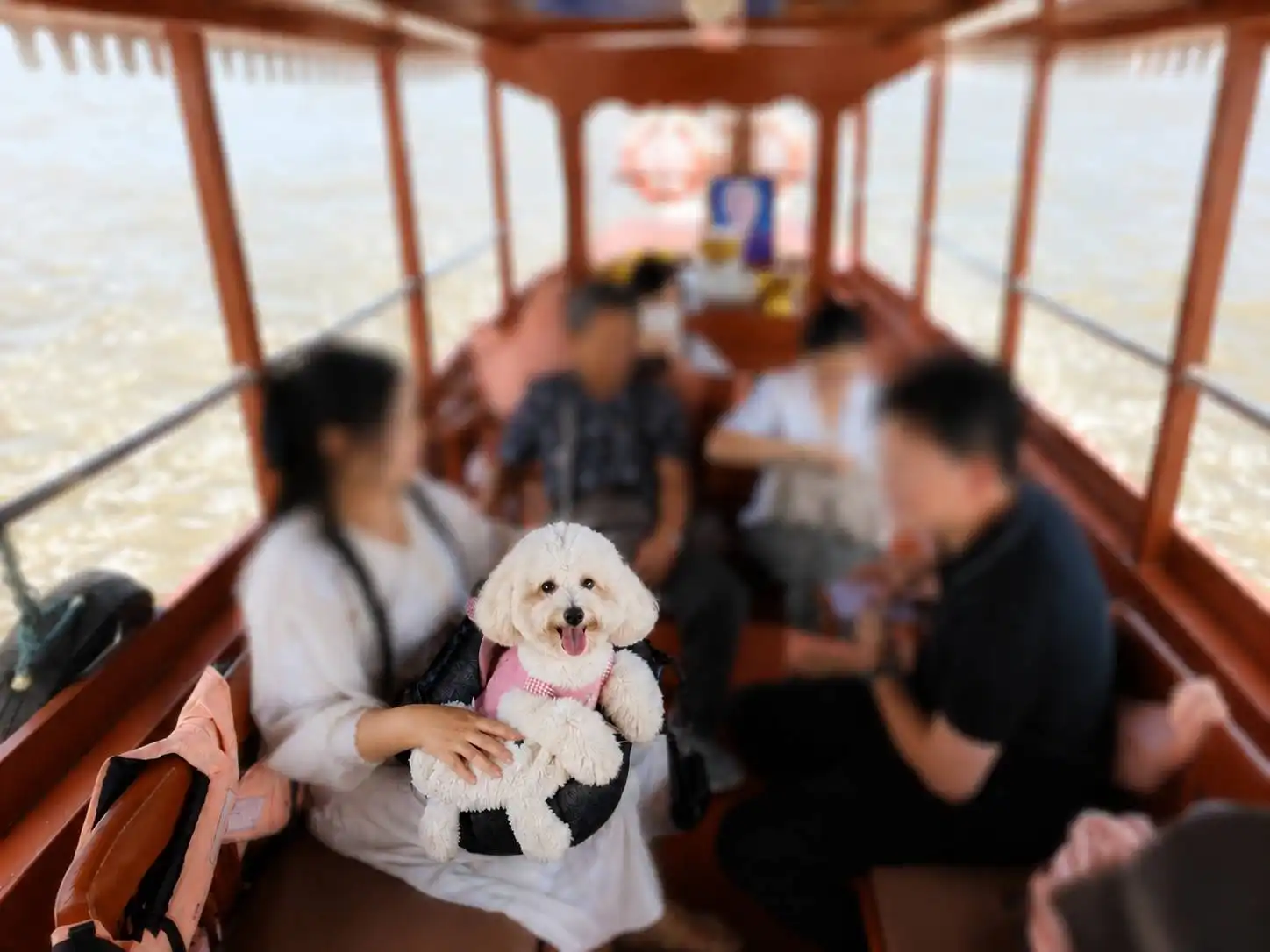 ครอบครัวเดินทางพร้อมน้องหมาบนเรือที่ท่าน้ำวัดบางนางเกรง สมุทรปราการ