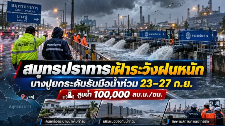 ฝนตกหนักสมุทรปราการ 23–27 ก.ย. 2569 บางปูเฝ้าระวังน้ำท่วม
