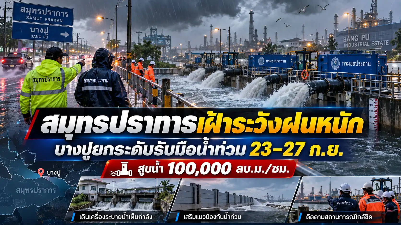 ฝนตกหนักสมุทรปราการ 23–27 ก.ย. 2569 บางปูเฝ้าระวังน้ำท่วม